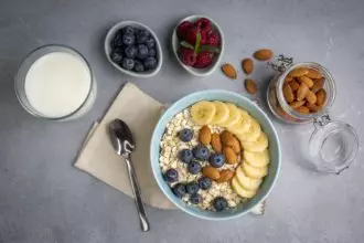 Oatmeal. With banana, blueberry and almond for healthy breakfast or lunch. Healthy diet nutrition.